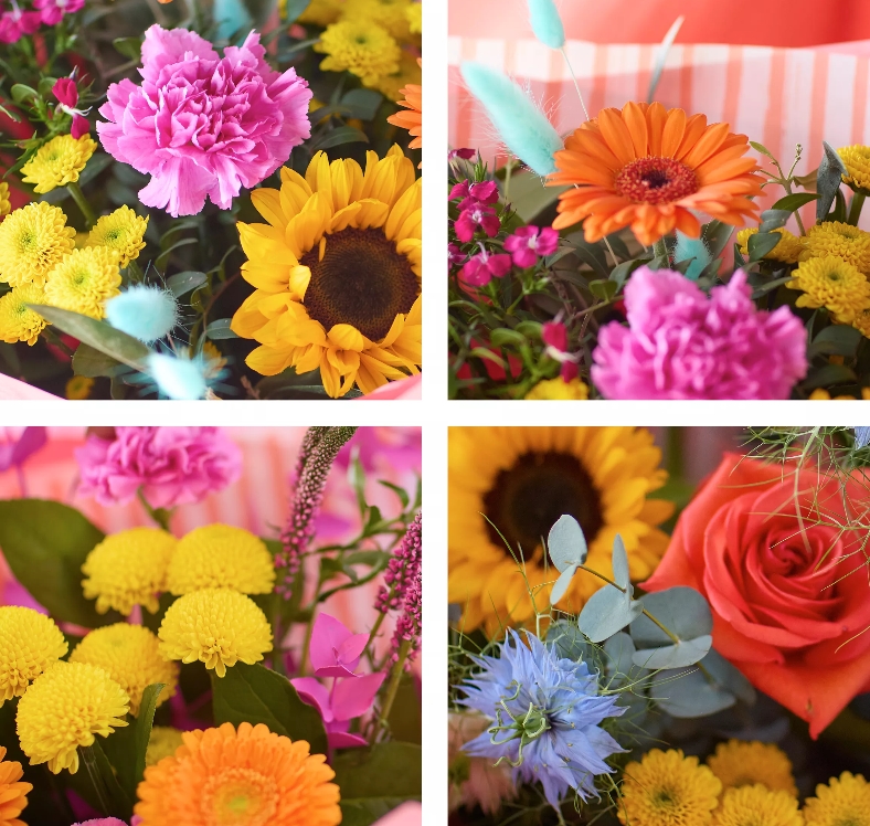 Bright colourful summer bouquet with florist’s choice seasonal florals in orange pink and yellow tones by Flowers by Bethany Leigh florist