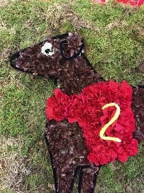 Racing dog-shaped funeral tribute made with white chrysanthemum, red carnation accents, and pipe cleaner detailing on a moss base with ribbon edging.